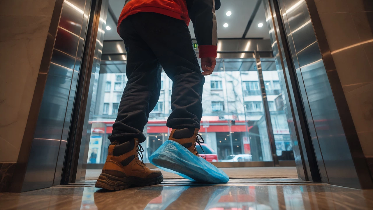 Delivery courier puts on shoe covers in a modern apartment lobby before entering.