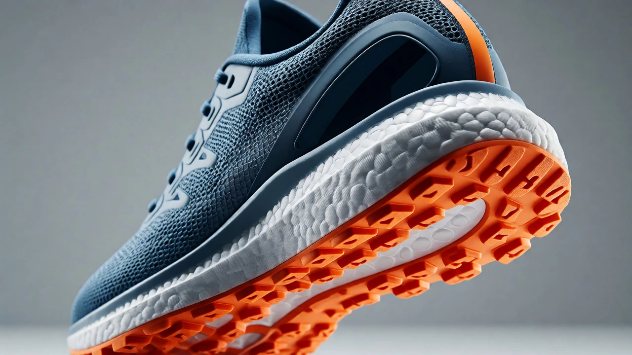 Exploded view close-up of a modern trainer showing mesh upper, foam midsole, and rubber outsole.