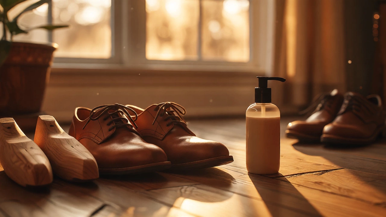 Leather shoes with cedar shoe trees and conditioner bathed in warm sunlight.