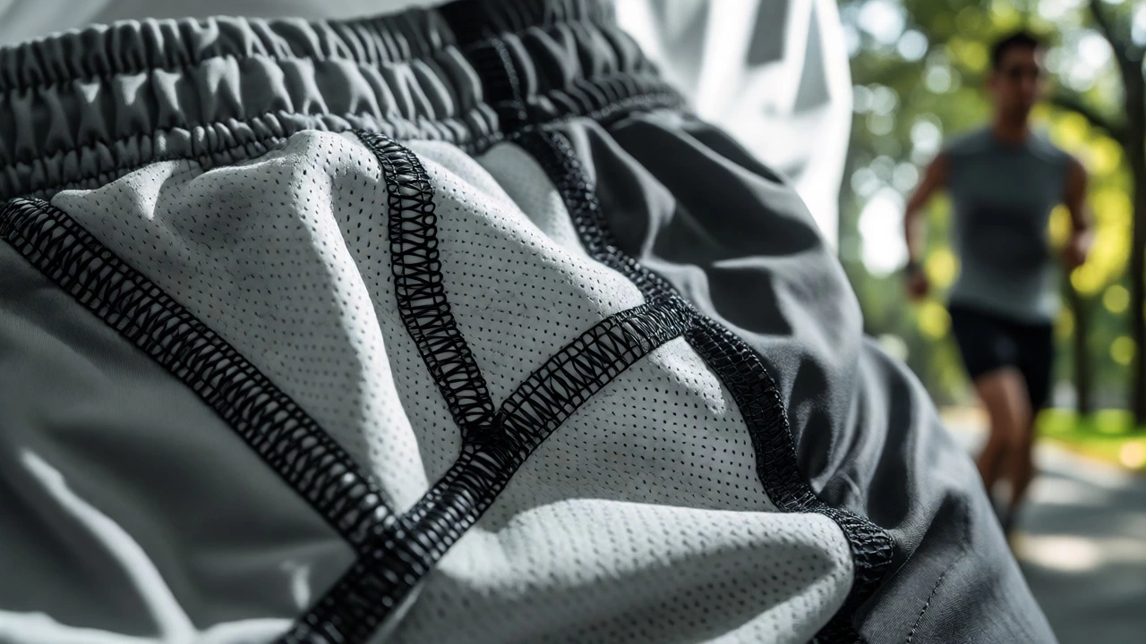 Macro detail of technical sportswear fabric and seams