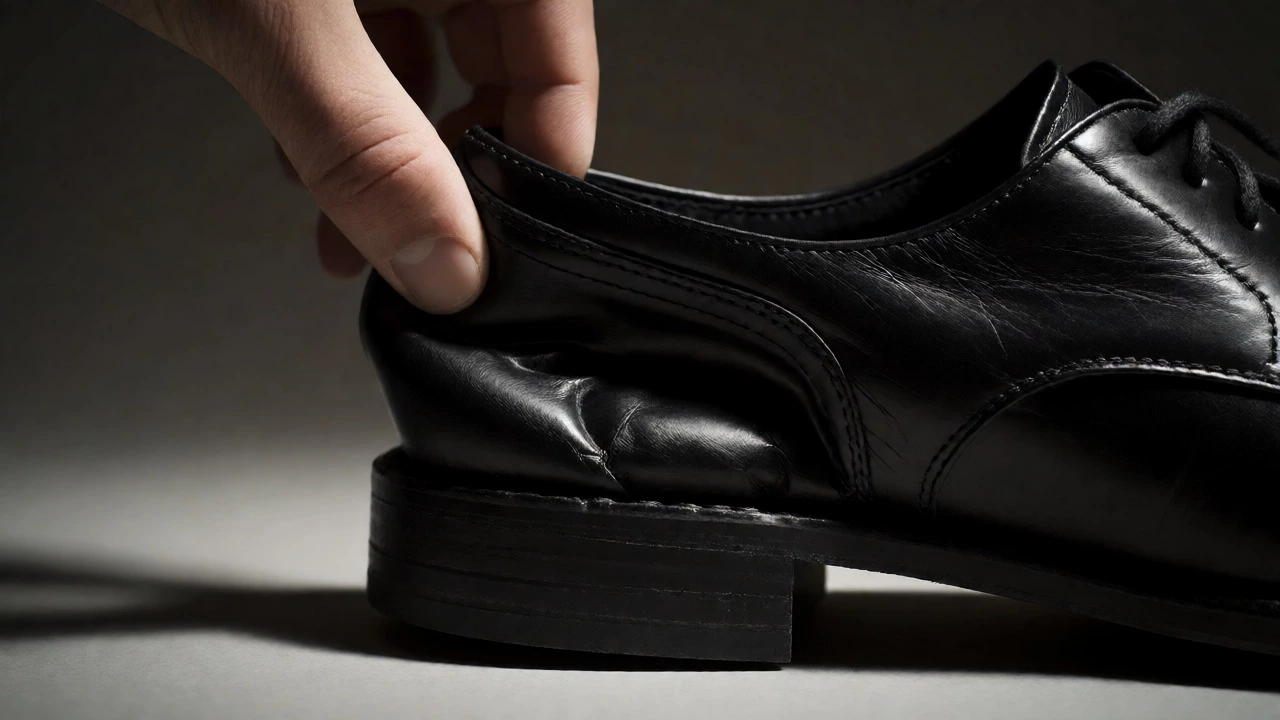 Macro shot of a collapsed heel counter on a black leather shoe being pressed by a thumb.