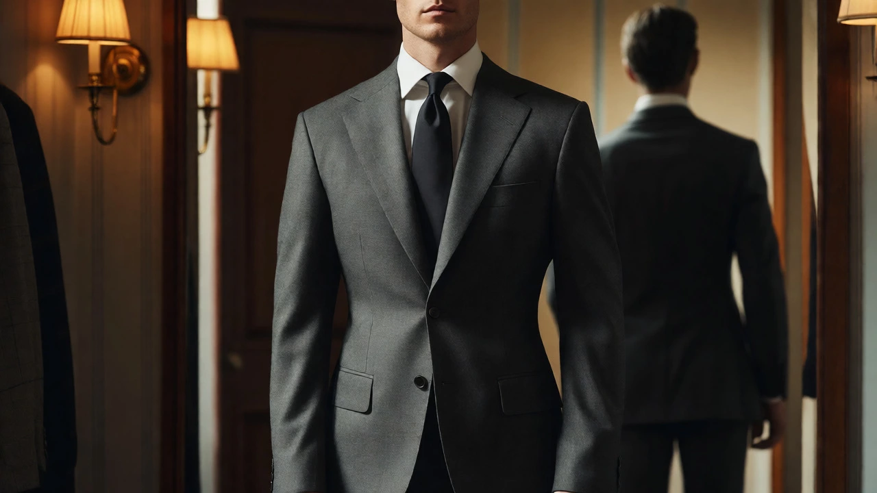 Man in perfectly tailored charcoal suit at fitting