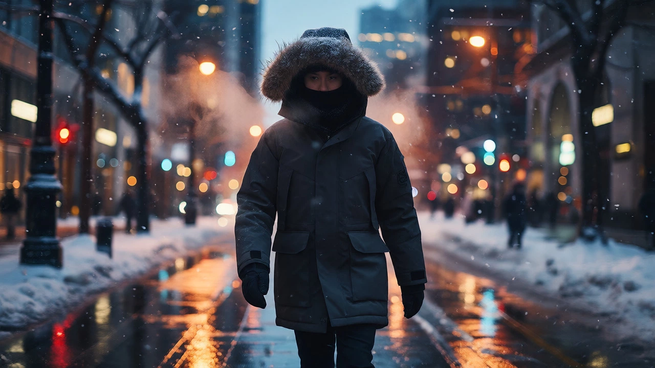 Person wearing a heavy parka walking through snowy city streets