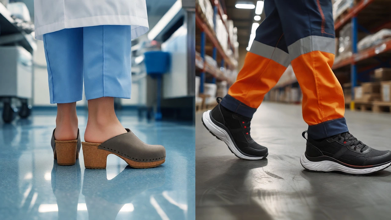 Split image showing static standing clogs and dynamic walking trainers.