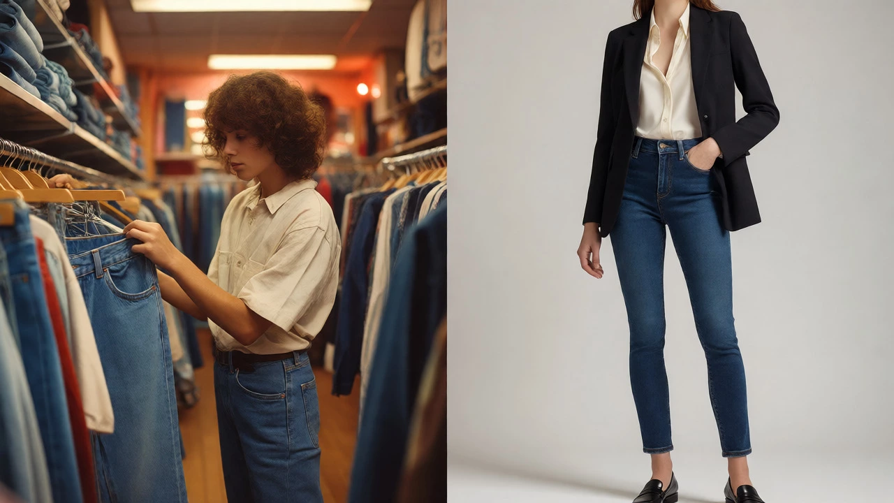 Split view showing thrifted denim shopping alongside a professional skinny jeans office outfit.