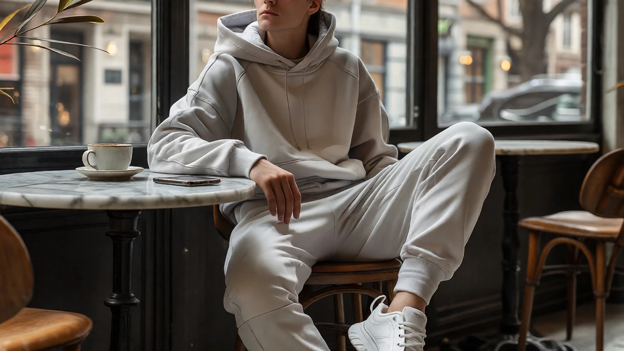 Stylish person in premium athleisure relaxing in a modern cafe