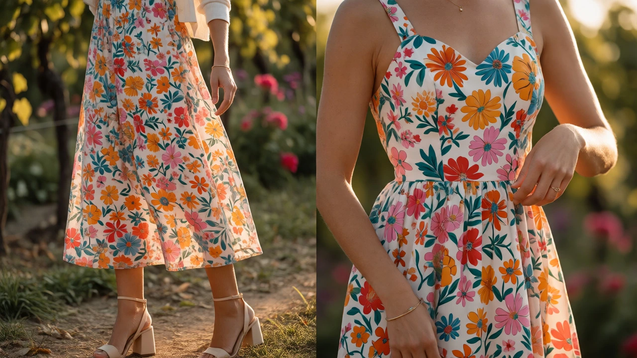 Stylish woman wearing a floral midi sundress at an elegant outdoor garden event