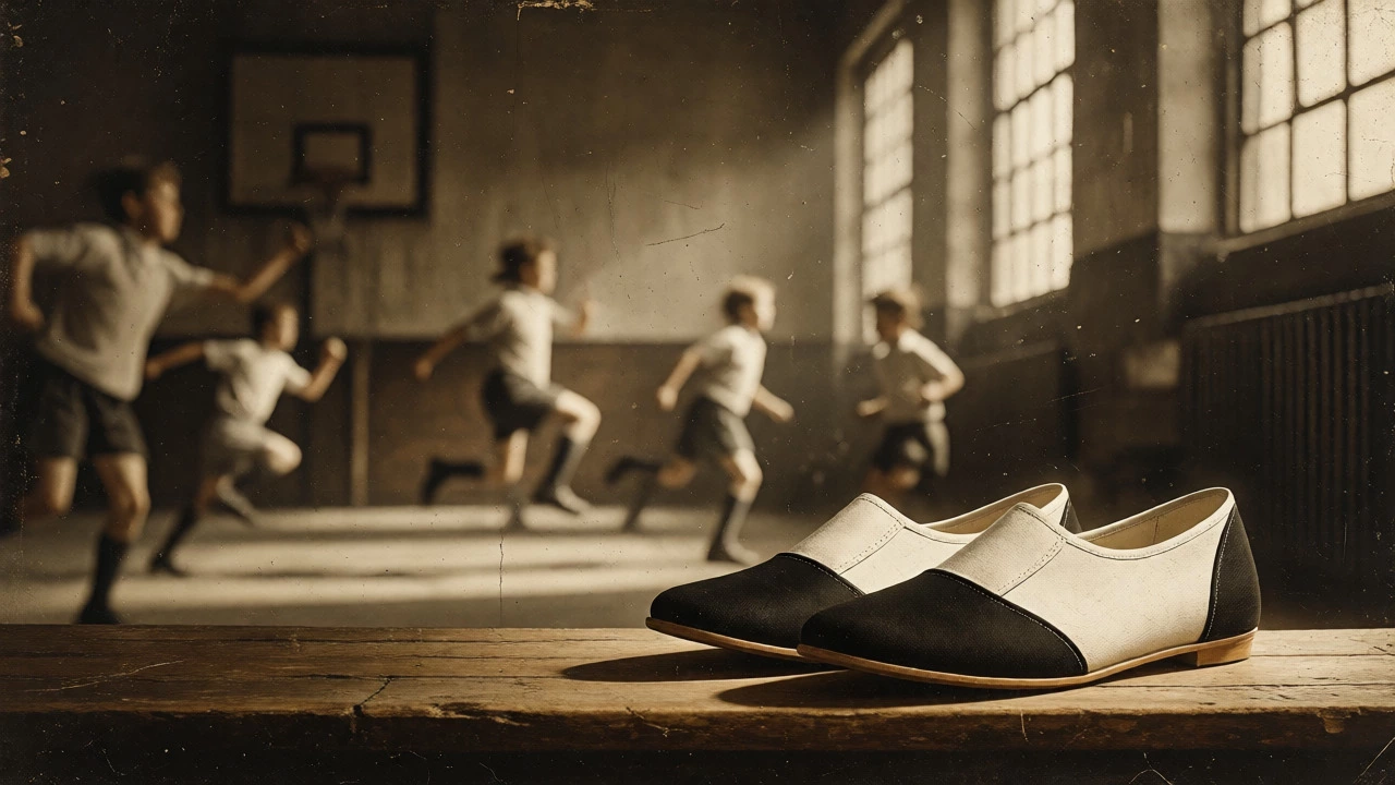 Vintage gymnasium scene featuring canvas plimsolls on a bench with students training in background.