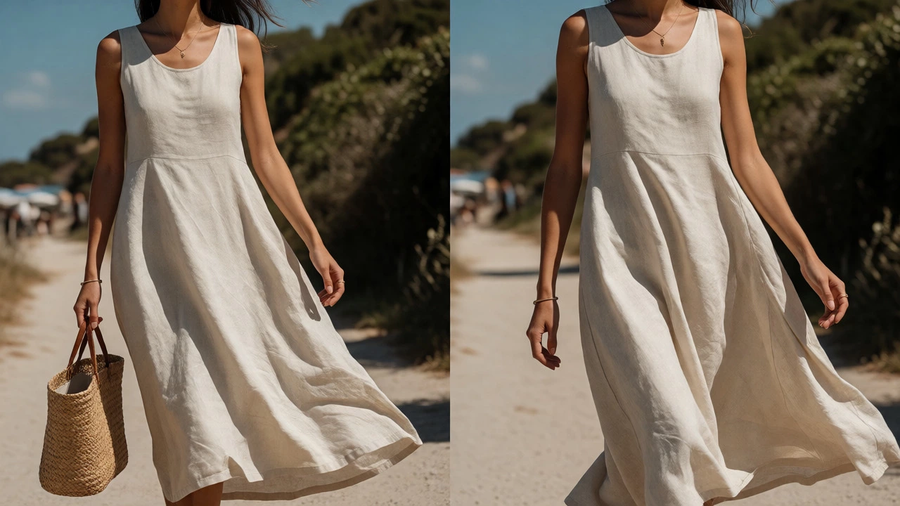 Woman in a flowy sleeveless linen sundress walking on a sunny coastal path