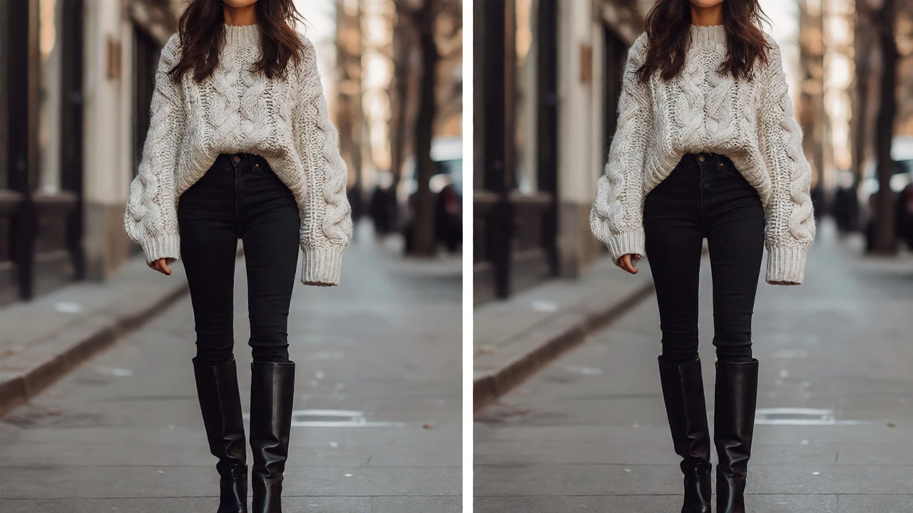 Woman wearing high-waisted skinny jeans balanced with a chunky oversized sweater and boots.