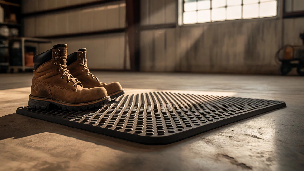 Work boots beside anti-fatigue mat