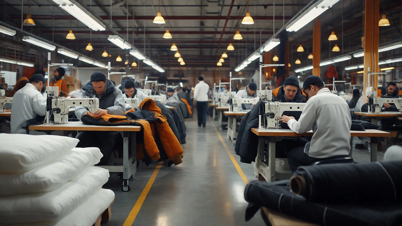 Workers assembling winter coats in a Canadian manufacturing facility